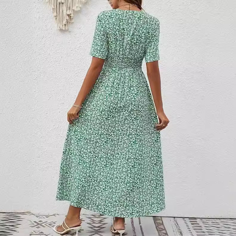 Summer Chic V-Neck Printed Midi Dress with Split