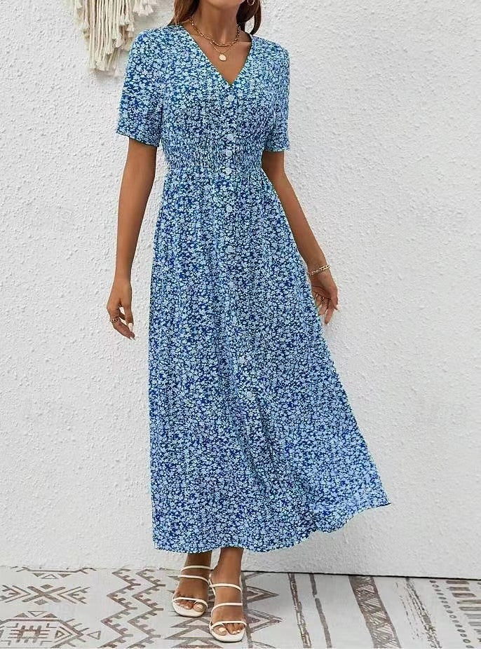 Summer Chic V-Neck Printed Midi Dress with Split