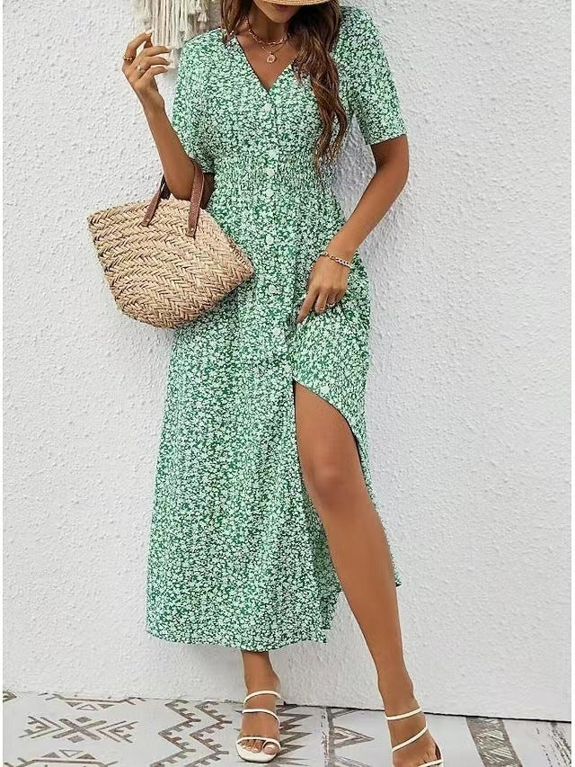Summer Chic V-Neck Printed Midi Dress with Split