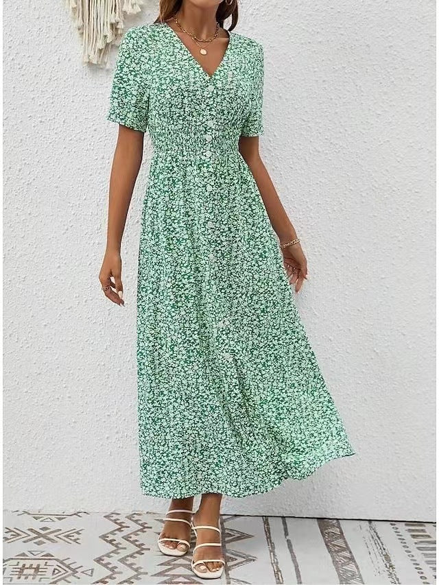 Summer Chic V-Neck Printed Midi Dress with Split