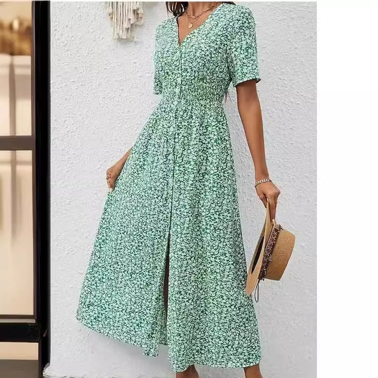 Summer Chic V-Neck Printed Midi Dress with Split