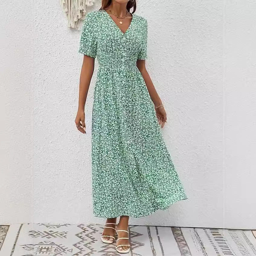 Summer Chic V-Neck Printed Midi Dress with Split